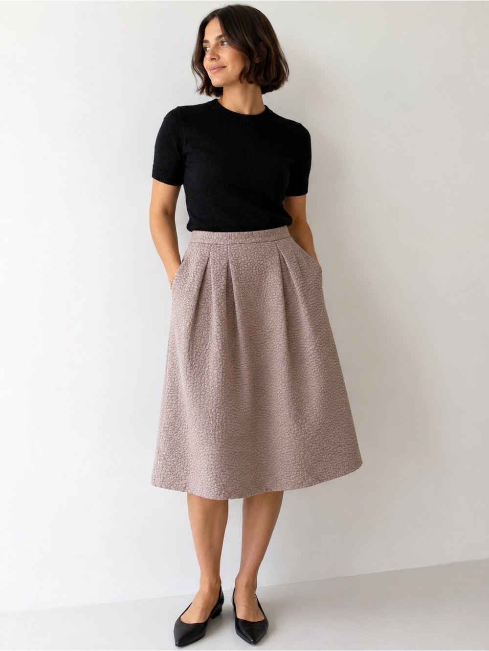 H&M Textured A-Line Midi Skirt in Mauve